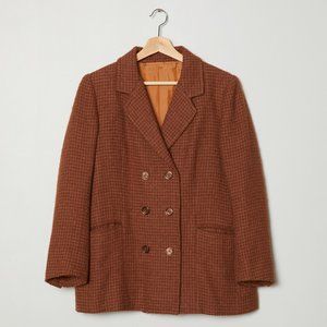 Vtg 80s Brown Fuzzy Waffle Double Breasted Blazer Coat L